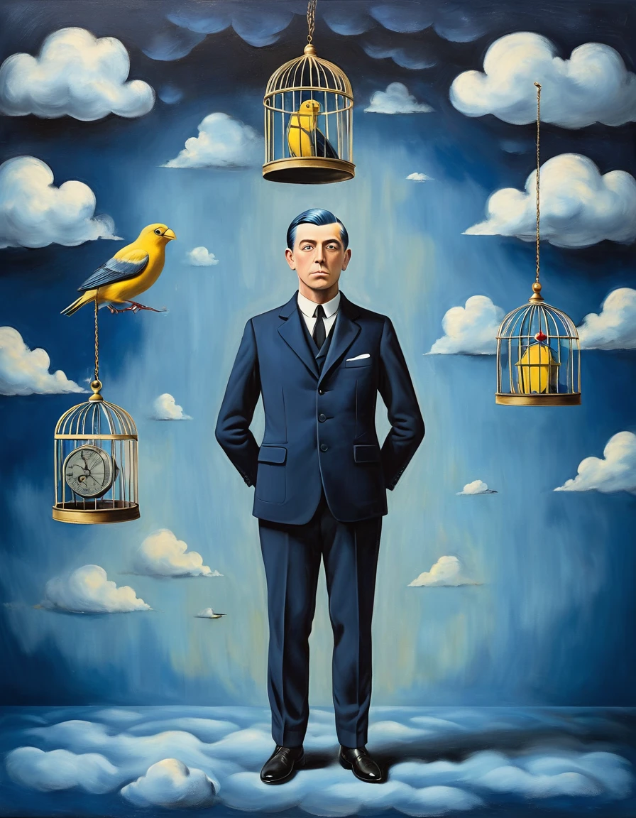 a 1businessman in a dark blue suit is caching a small 1canary with a 1birdcage, (painted clouds and europian union flag on blue background), front view, man looking to camera, rene magritte style, rene magritte art, rene magritte, 