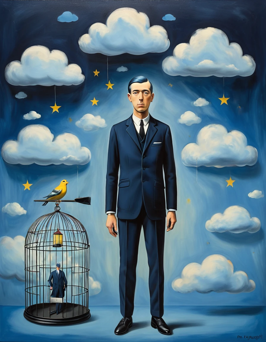 a 1businessman in a dark blue suit is caching a small 1canary with a 1birdcage, (painted clouds and europian union flag on blue background), front view, man looking to camera, rene magritte style, rene magritte art, rene magritte, 