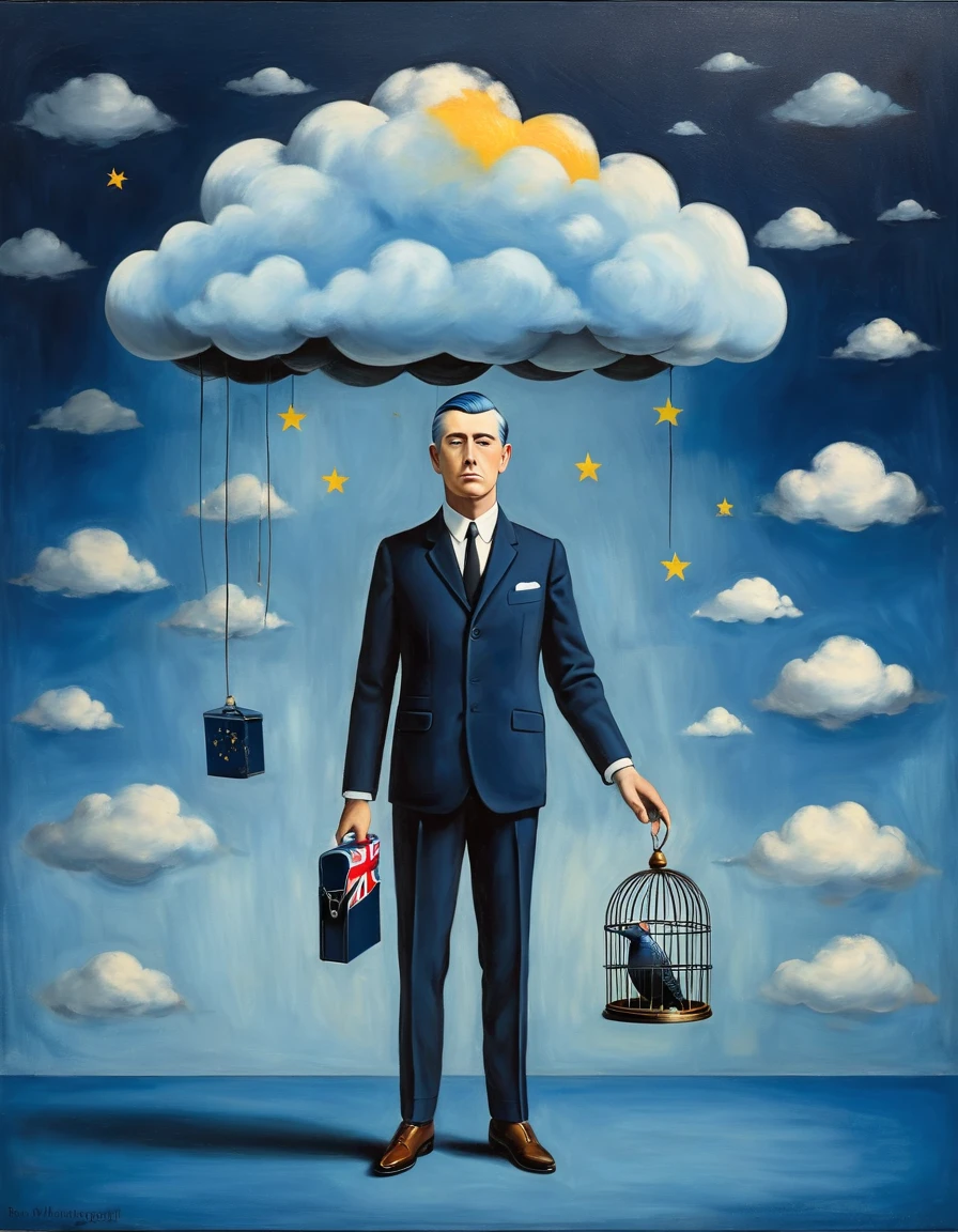 a 1businessman in a dark blue suit is caching a small 1canary with a 1birdcage, (painted clouds and europian union flag on blue background), front view, man looking to camera, rene magritte style, rene magritte art, rene magritte, 