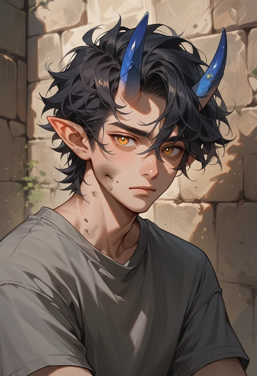 teen Oni man, with small blue horns, dark hair, dirty shoulder length hair, grey shirt, stone wall, small pointy ears, yellow eyes calm gaze.