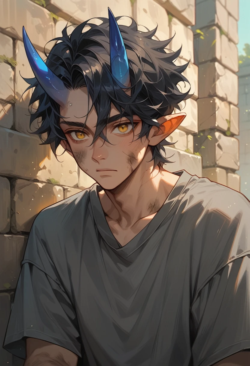 teen Oni man, with small blue horns, dark hair, dirty shoulder length hair, grey shirt, stone wall, small pointy ears, yellow eyes calm gaze.