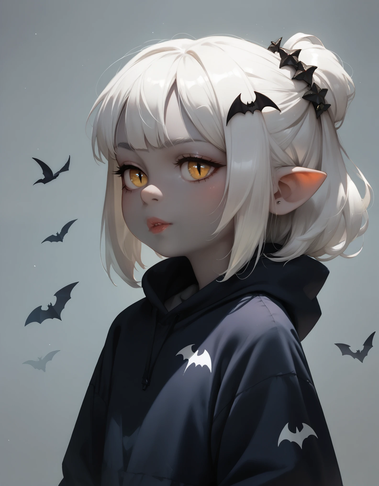 score_9, score_8_up, score_7_up, white hair  ,Grey skin  ,eye contact  ,bat_hair_ornament   ,Hitodama   ,artificial eye