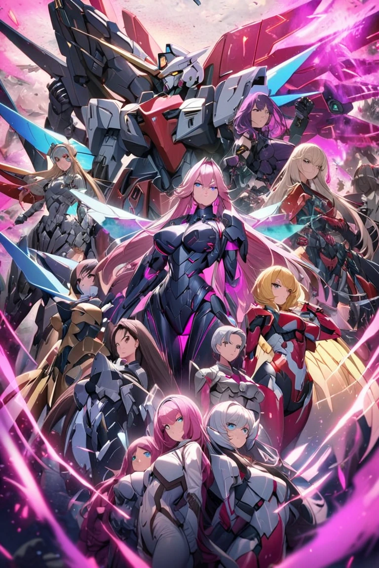 Anime, high detailed, multiple womans, mature womans, mecha armor, large mechanical wings, large Gauntlet, serious, curvy body, long mechanical wings, mecha weapons、Colored armors、magenta Colored aura、BLUE Eyes, elongated pupils,  Mature Woman、magenta aura、womans surrounding, all woman's picture, background the sideral space 