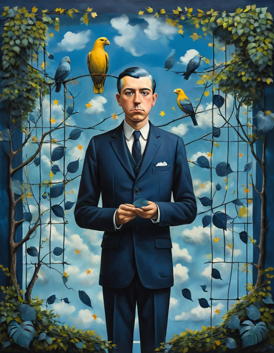 a 1businessman in a dark blue suit is caching a small 1canary with a 1birdcage, (painted clouds and europian union flag on blue background), front view, man looking to camera, rene magritte style, rene magritte art, rene magritte, leaves and lianas of the jungle on the edges of the picture some leaves are silhouettes