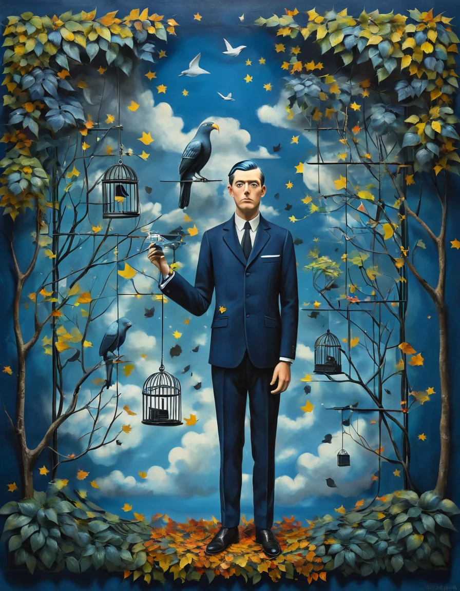 a 1businessman in a dark blue suit is caching a small 1canary with a 1birdcage, (painted clouds and europian union flag on blue background), front view, man looking to camera, rene magritte style, rene magritte art, rene magritte, leaves and lianas of the jungle on the edges of the picture some leaves are silhouettes