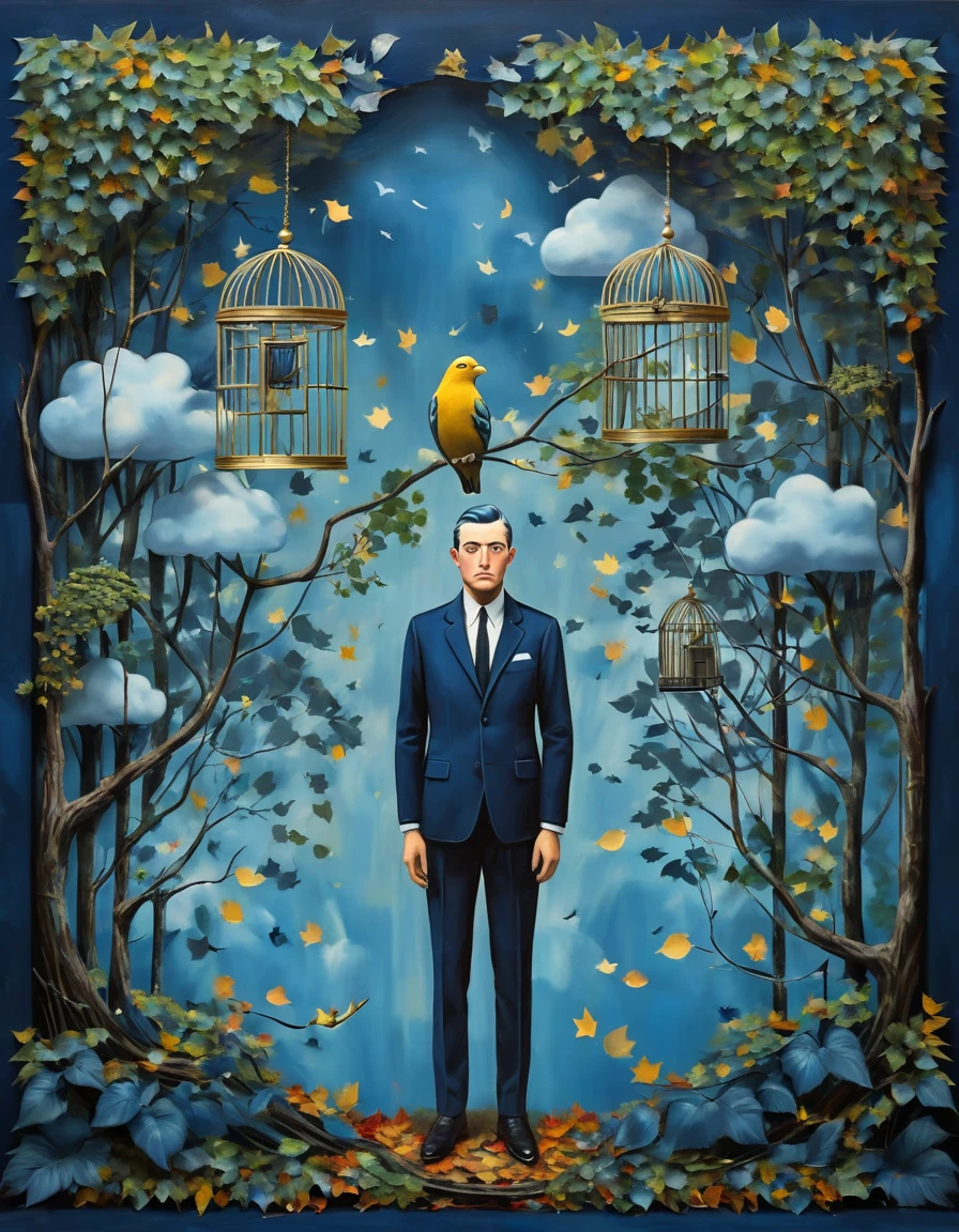 a 1businessman in a dark blue suit is caching a small 1canary with a 1birdcage, (painted clouds and europian union flag on blue background), front view, man looking to camera, rene magritte style, rene magritte art, rene magritte, leaves and lianas of the jungle on the edges of the picture some leaves are silhouettes