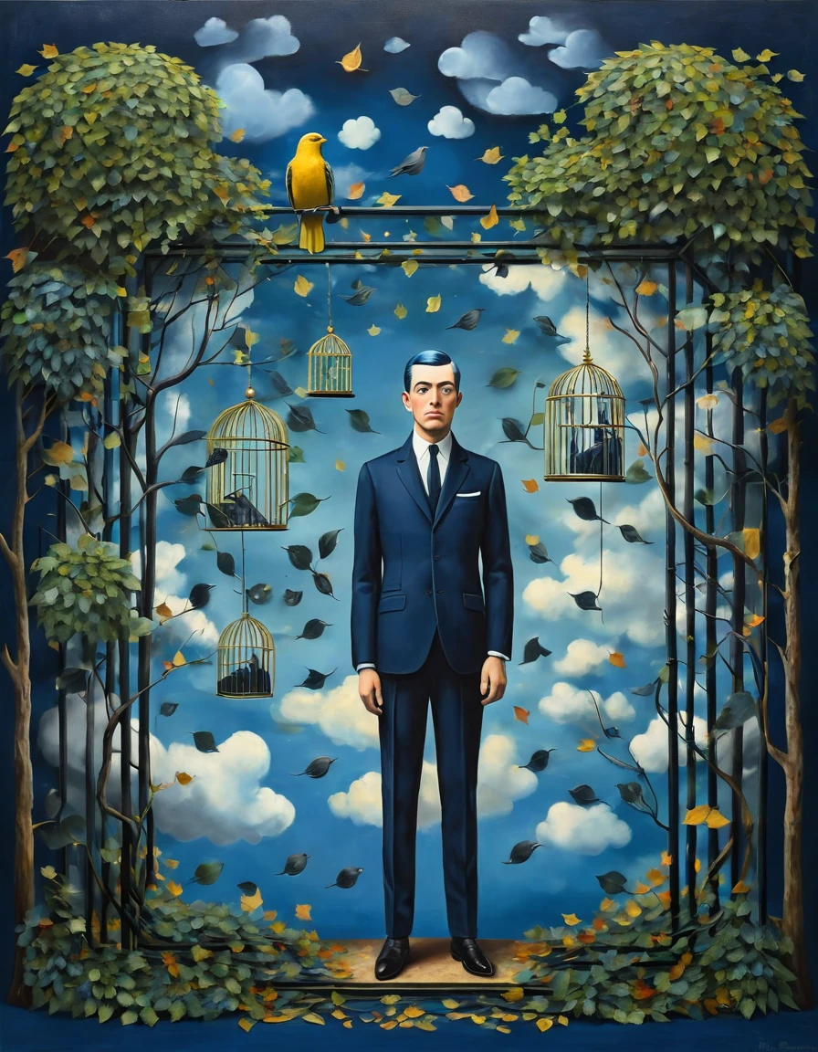 a 1businessman in a dark blue suit is caching a small 1canary with a 1birdcage, (painted clouds and europian union flag on blue background), front view, man looking to camera, rene magritte style, rene magritte art, rene magritte, leaves and lianas of the jungle on the edges of the picture some leaves are silhouettes