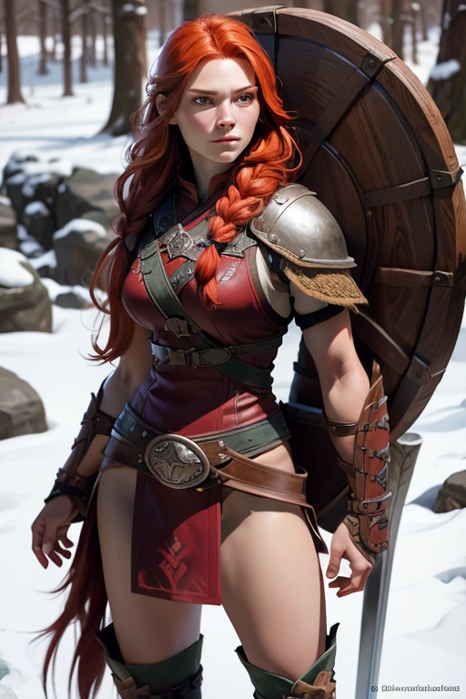 woman young, Red-haired warrior, long hair gathered in a single braid, freckles on the face, mix of Nordic and Celtic themes, armed with long sword and round wooden shield, wearing medium leather armor with fur linings and Celtic and Norse knots, ,  very detailed , highest qualityr