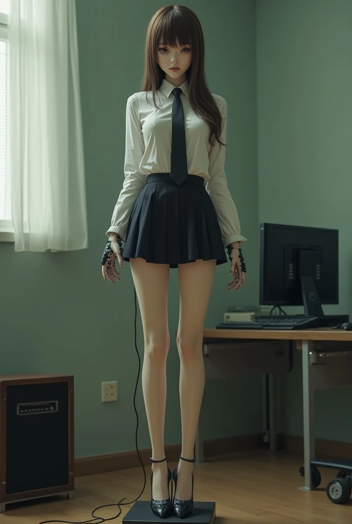 masterpiece, best quality, hyperrealistic, cinematic photo, 16 year old girl, ((pale skin)), Polish amazing slim body, ((White blouse, Black)), ((Black school shoes)), Long Brown wavy hair, perfect slender legs, wide hips, perfect hands, beautiful face, perfect face, youthful, (blured background), modern style, from below, (low-angle shoot), low_angle_human, towering, (full body shot), sitting on the stairs, underneath shot, (view viewer), looking at viewer,(8k, epic composition, photorealistic, sharp focus), detailed background, ((On an empty school)), DSLR, foil grain, sunny day