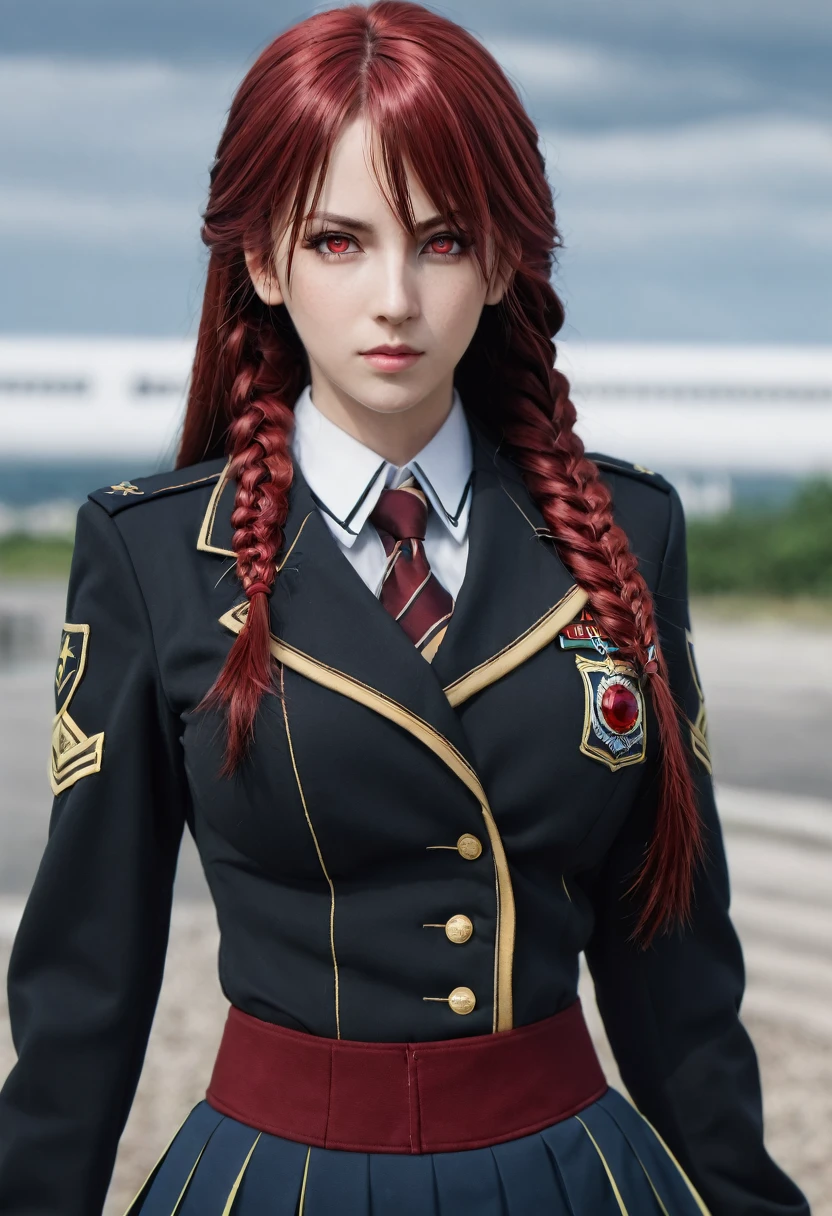 iris midgar, long hair, red eyes, braid,big breast, red hair, skirt, gloves, long sleeves, jacket, necktie, white gloves, uniform, military, military uniform,realistic,photorealistic,4k
