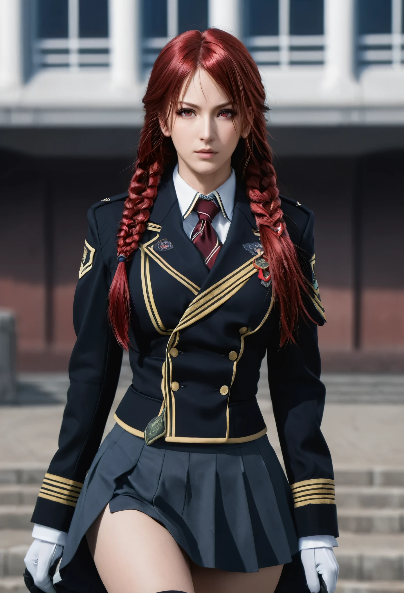 iris midgar, long hair, red eyes, braid,big breast, red hair, skirt, gloves, long sleeves, jacket, necktie, white gloves, uniform, military, military uniform,realistic,photorealistic,4k
