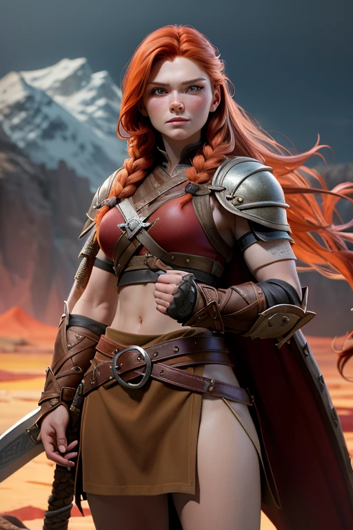 woman young, Red-haired warrior, long hair gathered in a single braid, freckles on the face, mix of Nordic and Celtic themes, armed with long sword and round wooden shield, wearing medium leather armor with fur linings and Celtic and Norse knots, ,  very detailed , highest qualityr