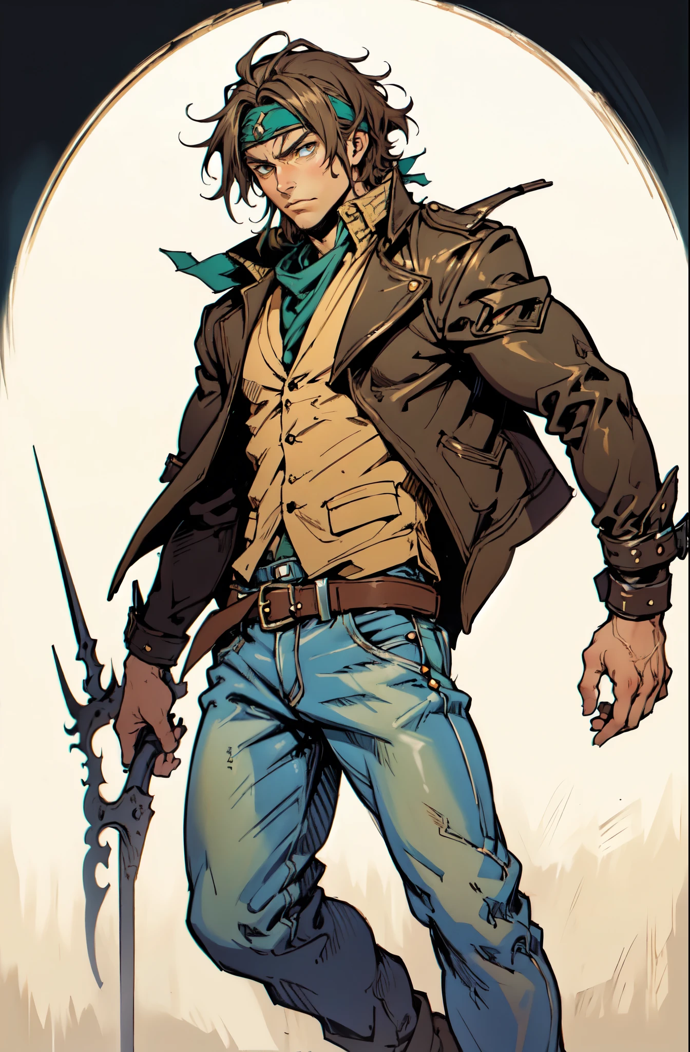 (masterpiece:1.2, best quality:1.2, extremely delicate:1.2), ((male:1.5)), a man with messy short brown hair, choppy bangs, a headband tied around his forehead, sharp eyes, well-defined features, serious expression, fantasy Western-style attire, the color scheme is primarily Yellow with Black accents, a burlap shirt, a leather jacket, a jeans, surrounded by green striped energy, he leaps into the air, this character embodies a finely crafted fantasy Western-style Rogue in anime style, exquisite and mature manga art style, dramatic, high definition, highres, ultra-detailed, ultra-fine painting, professional, perfect body proportions, golden ratio, anatomically correct, symmetrical face, extremely detailed eyes and face, high quality eyes, creativity, RAW photo, UHD, 32k, Natural light, cinematic lighting, (masterpiece-anatomy-perfect:1.2)