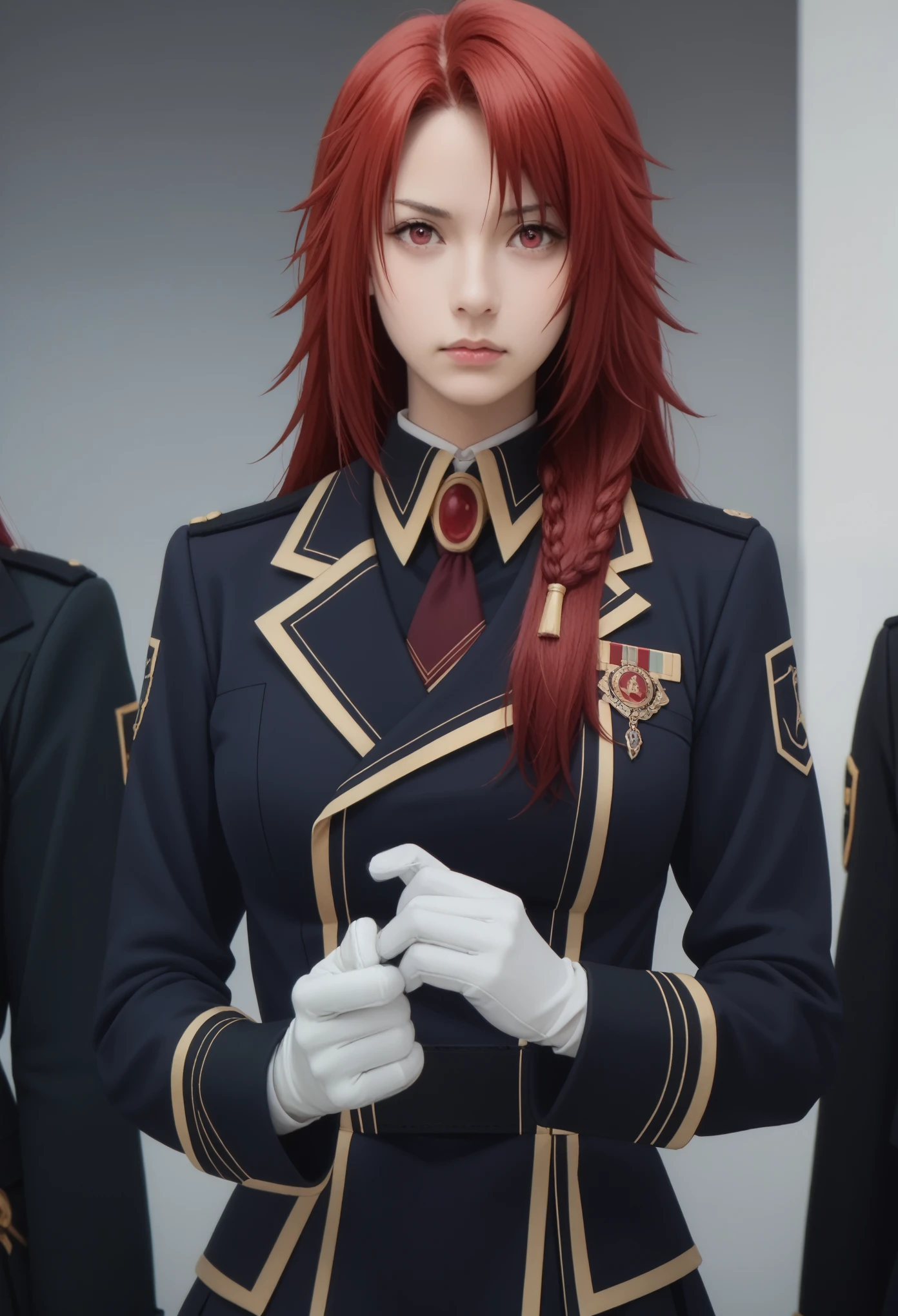 iris midgar, long hair, red eyes, braid,big breast, red hair, skirt, gloves, long sleeves, jacket, necktie, white gloves, uniform, military, military uniform,realistic,photorealistic,4k
