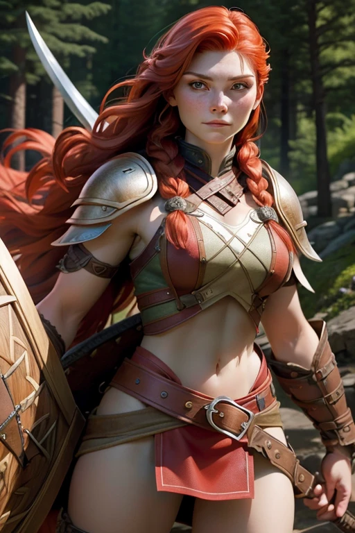 woman young, Red-haired warrior, long hair gathered in a single braid, freckles on the face, mix of Nordic and Celtic themes, armed with long sword and round wooden shield, wearing medium leather armor with fur linings and Celtic and Norse knots, ,  very detailed , highest qualityr. No background.