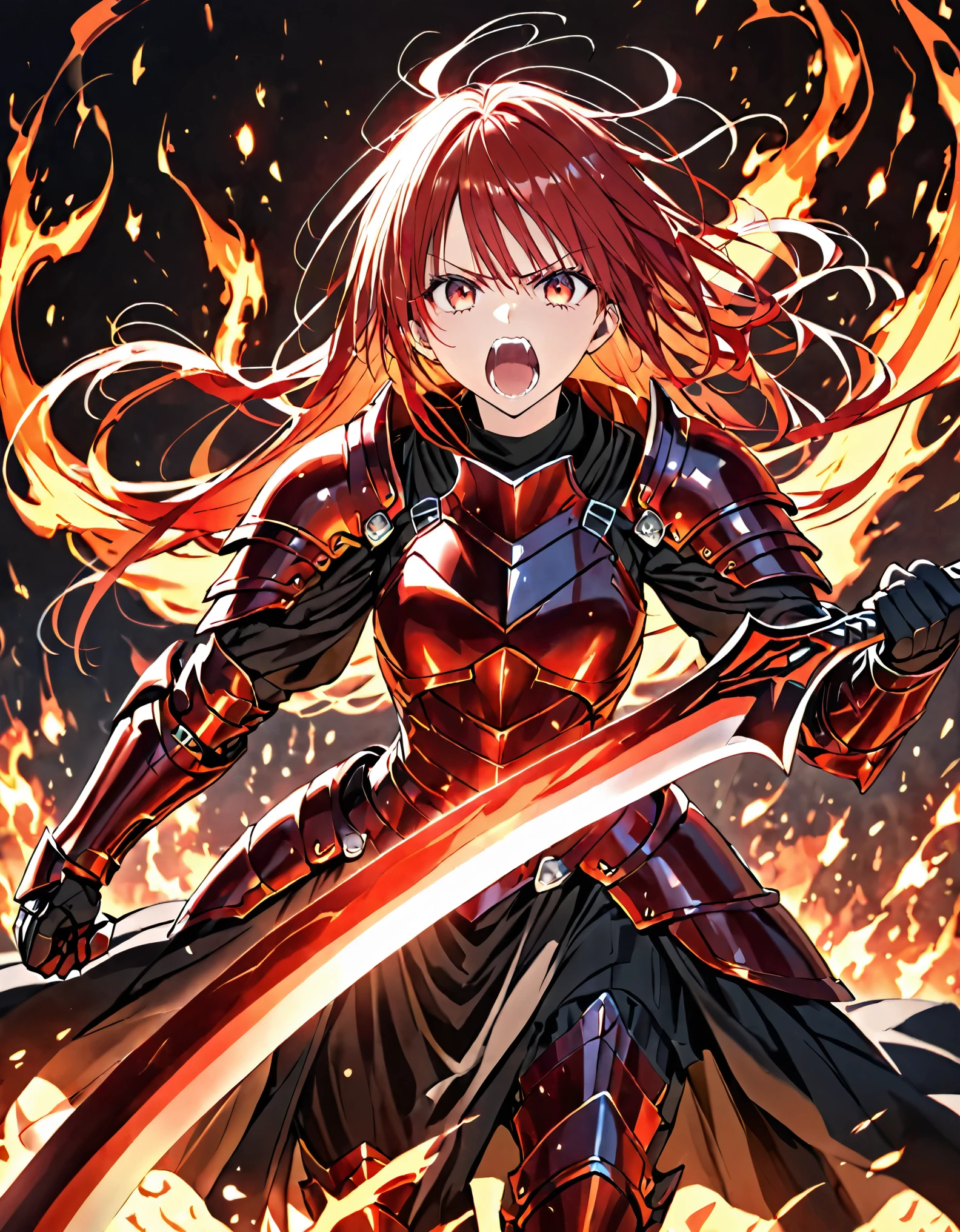 a beautiful woman with red eyes and red hair, surrounded by a fiery glow, full body armor, flames, wielding a flaming sword, screaming, holding a flaming sword, armored vest, red eyes, cowboy shot