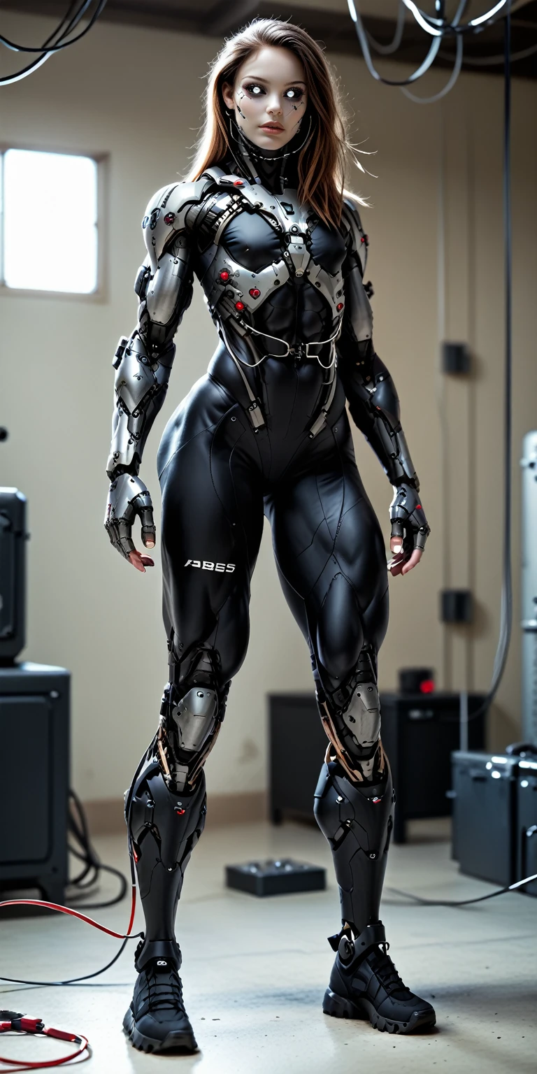 score_9, score_8_up, score_7_up, photo, photorealistic, Gorgeous sexy muscular (skinny) cyborg girl, (white eyes, black sclera:1.5), (full cyborg mechaExosuit:1.45), (black metallic cyborg arms, legs, thighs, & torso:1.75), goth makeup,  sinozick style, (skinny legs:-1.35), (full body view:1.45), (flat chest, bodybuilder physique:1.45), (cables for hair:1.45), (beautiful girl face:1.25)