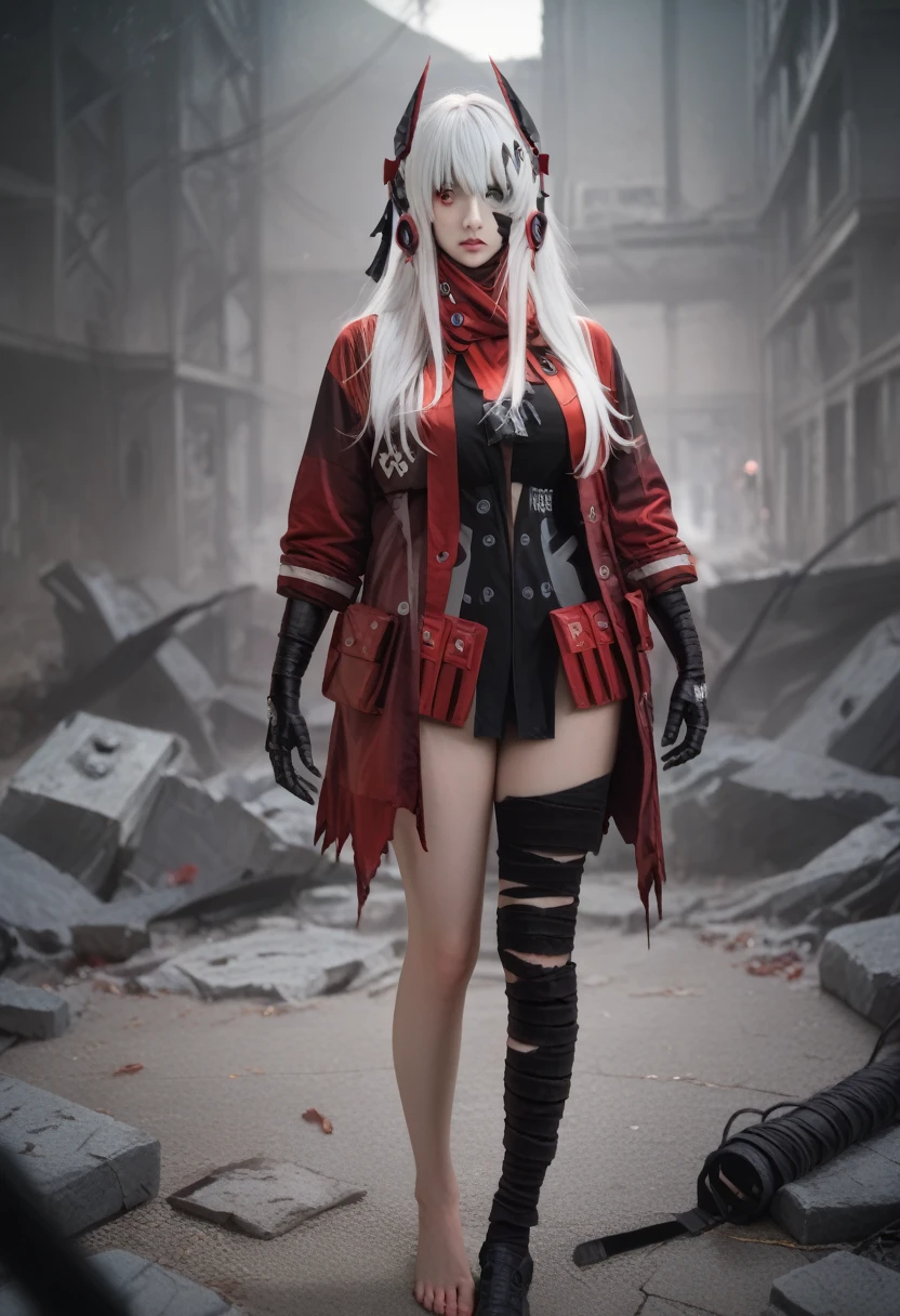 ,realistic,photorealistic,4k
Preparing 
,huge breast,CrimsonAbyss, Heterochromia, red eye, grey eye, white hair, Crimson clothes, headgear, bandaged leg
