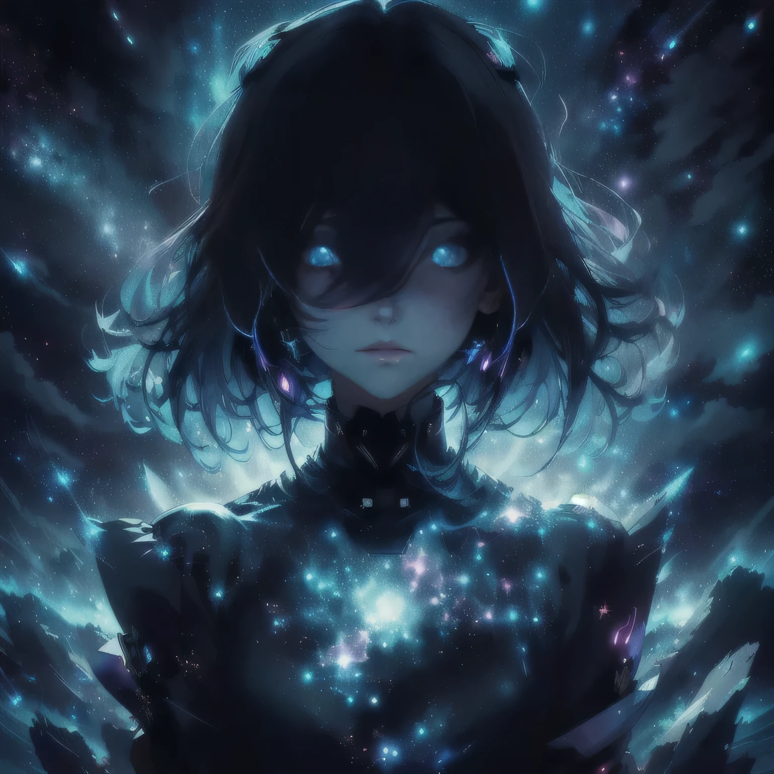 a girl with long hair and a dark dress standing in front of a dark sky, anime girl with cosmic hair, inspired by Yuumei, ethereal anime, beautiful anime artwork, anime art wallpaper 4 k, anime art wallpaper 4k, anime fantasy illustration, glowing black aura, in the astral plane ) ) ), anime epic artwork, girl in space, anime fantasy artwork