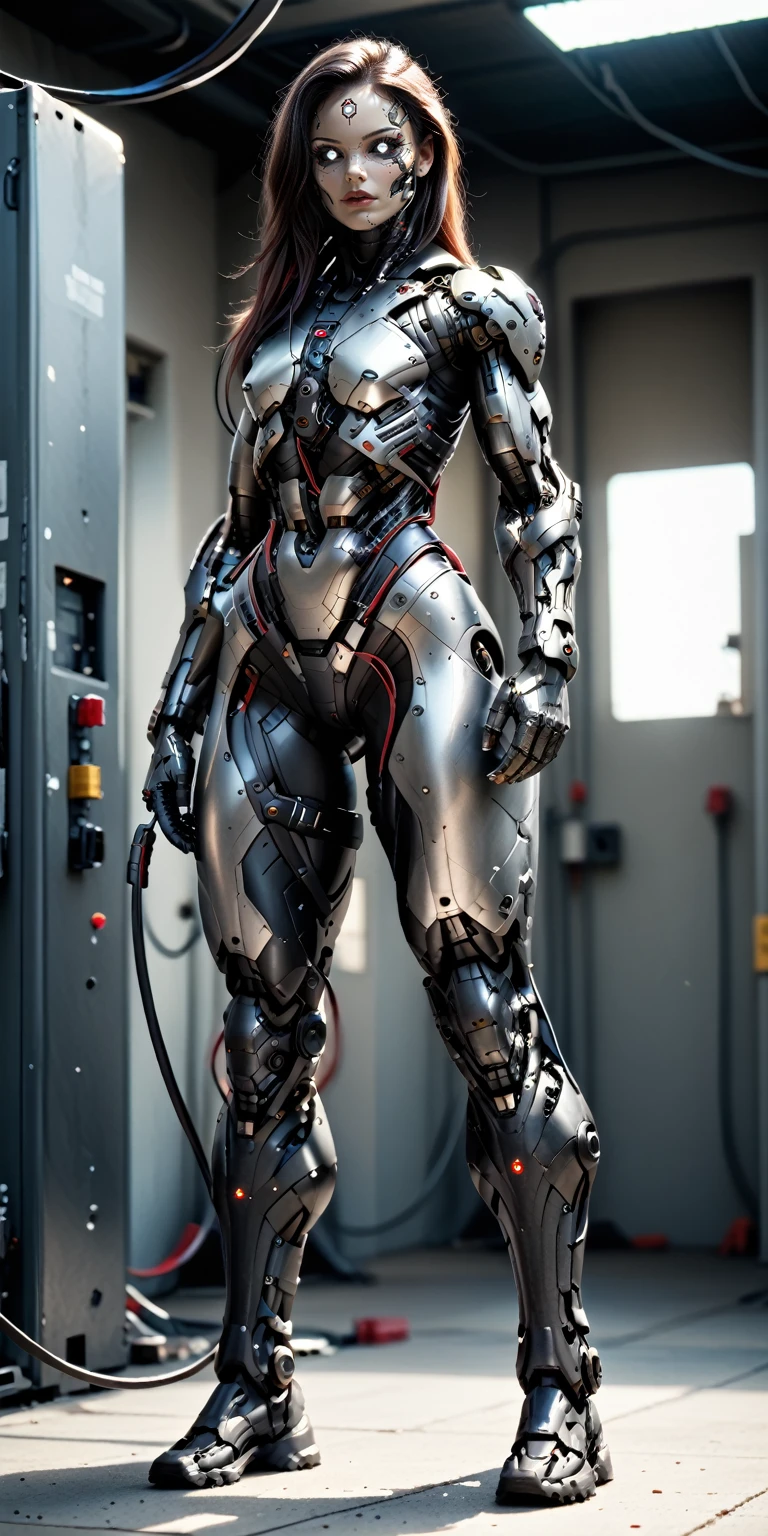 score_9, score_8_up, score_7_up, photo, photorealistic, Gorgeous sexy muscular (skinny) cyborg girl, (white eyes, black sclera:1.5), (full cyborg mechaExosuit:1.45), (black metallic cyborg arms, legs, thighs, & torso:1.75), goth makeup,  sinozick style, (skinny legs:-0.75), (full body view:1.45), (flat chest, bodybuilder physique:1.45), (cable extensions as hair:1.45), (beautiful girl face:1.25)