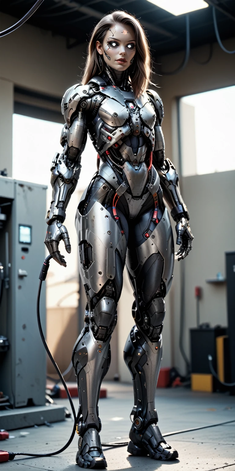 score_9, score_8_up, score_7_up, photo, photorealistic, Gorgeous sexy muscular (skinny) cyborg girl, (white eyes, black sclera:1.5), (full cyborg mechaExosuit:1.45), (black metallic cyborg arms, legs, thighs, & torso:1.75), goth makeup,  sinozick style, (skinny legs:-0.75), (full body view:1.45), (flat chest, bodybuilder physique:1.45), (cable extensions as hair:1.45), (beautiful girl face:1.25)