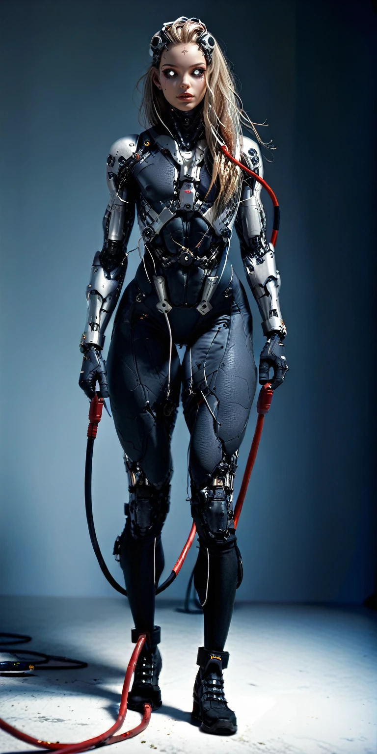 score_9, score_8_up, score_7_up, photo, photorealistic, Gorgeous sexy muscular (skinny) cyborg girl, (white eyes, black sclera:1.5), (full cyborg mechaExosuit:1.45), (black metallic cyborg arms, legs, thighs, & torso:1.75), goth makeup,  sinozick style, (skinny legs:-0.75), (full body view:1.45), (flat chest, bodybuilder physique:1.45), (cable extensions on head instead of hair:1.45), (beautiful girl face:1.25)