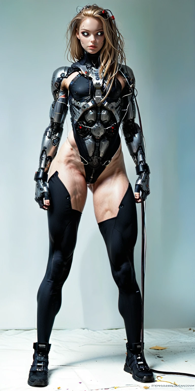 score_9, score_8_up, score_7_up, photo, photorealistic, Gorgeous sexy muscular (skinny) cyborg girl, (white eyes, black sclera:1.5), (full cyborg mechaExosuit:1.45), (black metallic cyborg arms, legs, thighs, & torso:1.75), goth makeup,  sinozick style, (skinny legs:-0.75), (full body view:1.45), (flat chest, bodybuilder physique:1.45), (cable extensions on head instead of hair:1.45), (beautiful girl face:1.25)