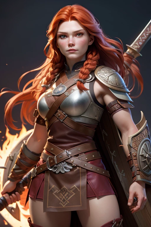 woman young, Red-haired warrior, long hair gathered in a single braid, freckles on the face, mix of Nordic and Celtic themes, armed with long sword and round wooden shield, wearing medium leather armor with fur linings and Celtic and Norse knots, ,  very detailed , highest quality. No background.