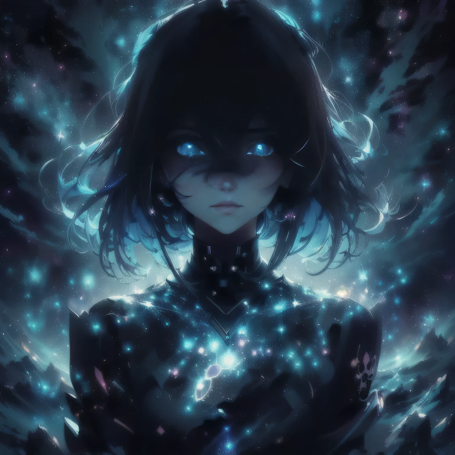 a girl with long hair and a dark dress standing in front of a dark sky, anime girl with cosmic hair, inspired by Yuumei, ethereal anime, beautiful anime artwork, anime art wallpaper 4 k, anime art wallpaper 4k, anime fantasy illustration, glowing black aura, in the astral plane ) ) ), anime epic artwork, girl in space, anime fantasy artwork