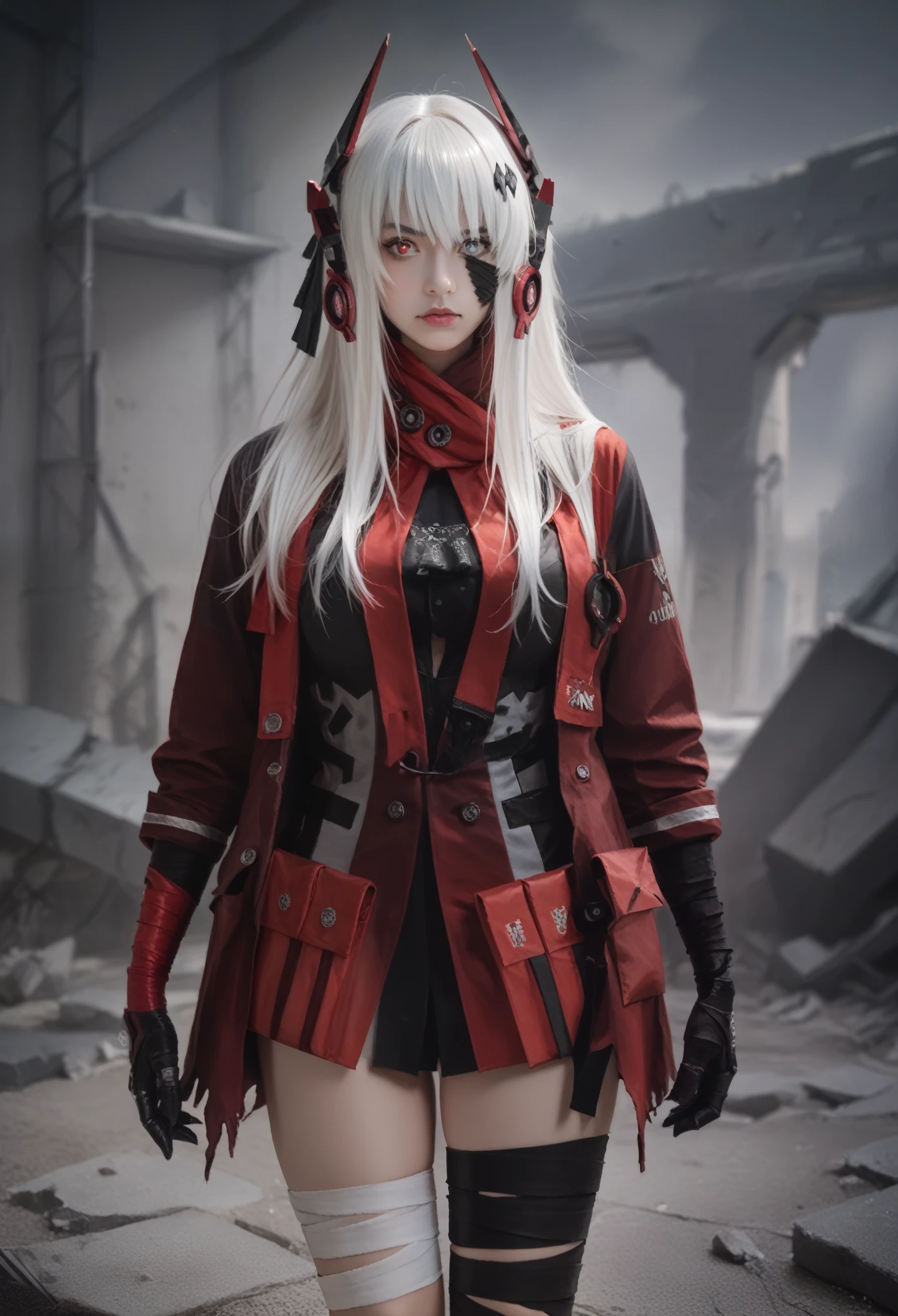 ,realistic,photorealistic,4k
Preparing 
,huge breast,CrimsonAbyss, Heterochromia, red eye, grey eye, white hair, Crimson clothes, headgear, bandaged leg
