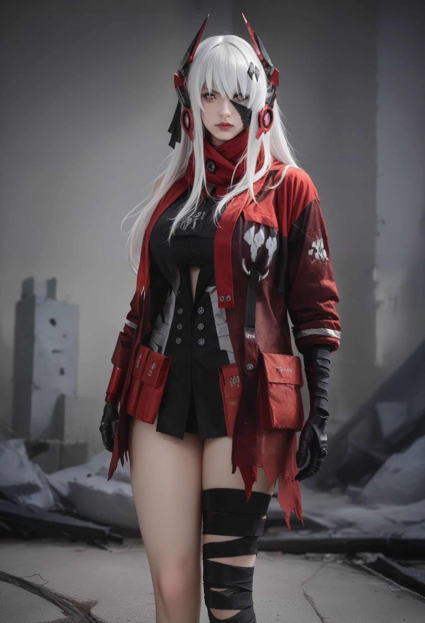 ,realistic,photorealistic,4k
Preparing 
,huge breast,CrimsonAbyss, Heterochromia, red eye, grey eye, white hair, Crimson clothes, headgear, bandaged leg
