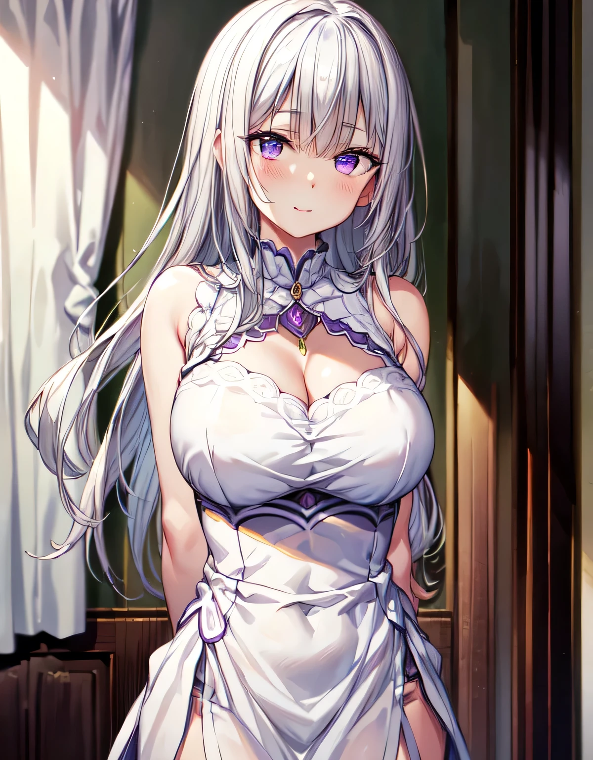 Aymilia,cleavage,light smile,,whitedress,(purple eyes),long hair,silver hair,sleeveless,bare shoulders,blush,lips,closed mouth,(large breasts:1.55),(shiny hair),((solo)),((masterpiece)),((best quality)),perfect anatomy,slim waist,perfect image,8k UHD,(beautiful detailed eyes:1.5),extremely detailed face,standing,(upper body:1.2),(look at the front:1.5),ultra-detailed,absurdres,ultra-highres,(arms behind back:1.1),