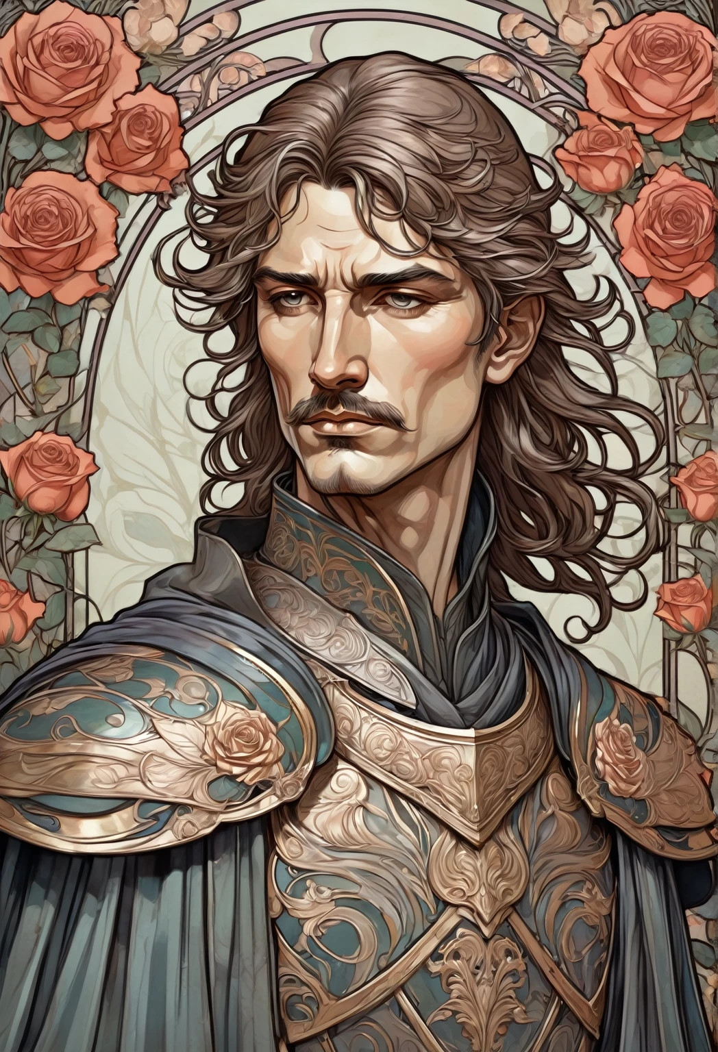 An illustration of an ancient warrior in Art Nouveau style, bearing a solemn, melancholic expression. His face is partially turned, showing weathered features and scars that tell a story of battles fought. Elegant roses surround him, interwoven with the lines of his armor and cloak, creating a contrast between strength and fragility. Flowing lines and organic details accentuate the scene, and muted tones of earth and metal with soft pastels create a somber, noble atmosphere that highlights both his strength and sorrow.