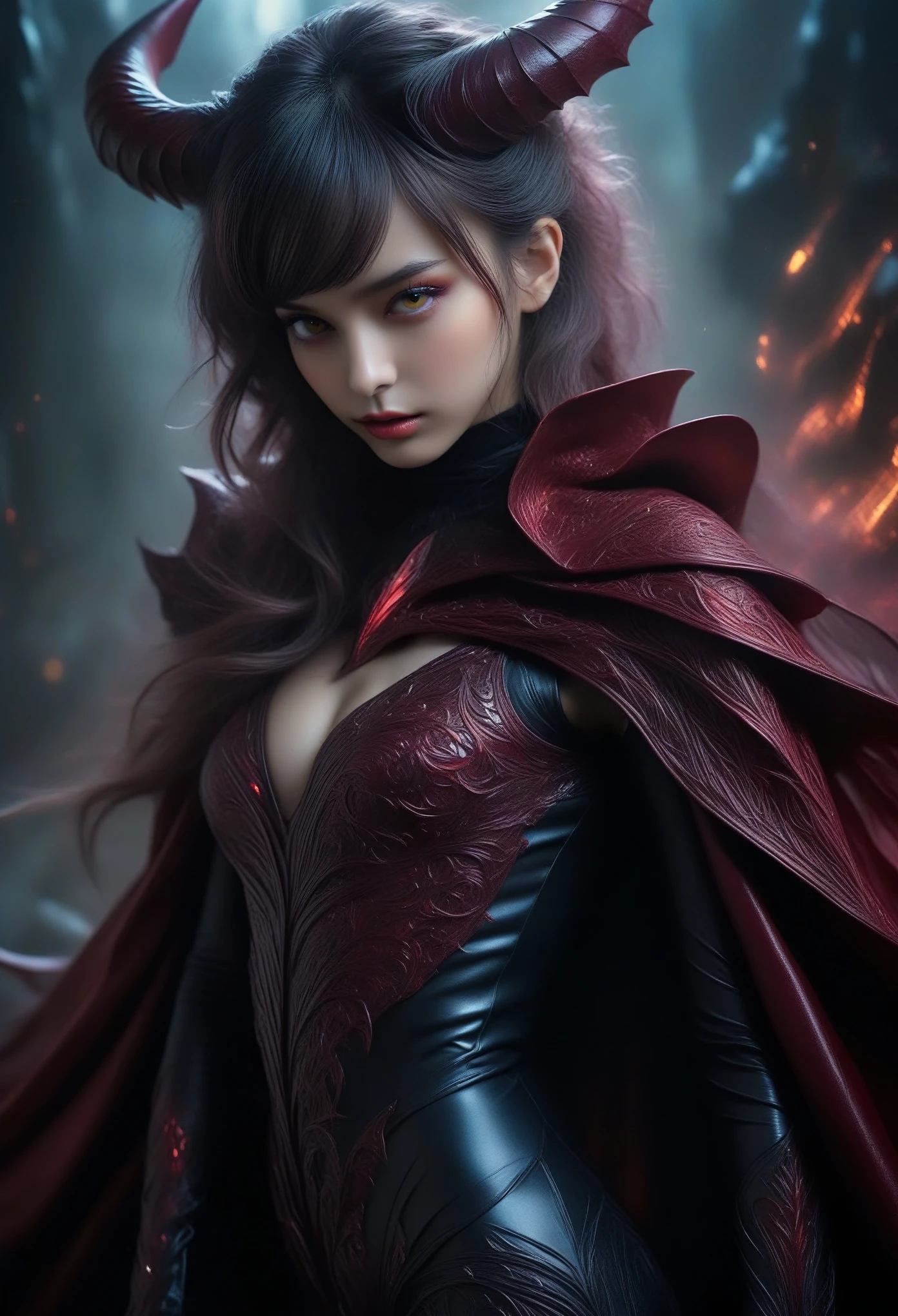 scarlet witch,woman,girl,female,detailed face,beautiful detailed eyes,beautiful detailed lips,extremely detailed eyes and face,long eyelashes,glowing red aura,chaos magic,hands emitting magic,powerful,dramatic,cinematic,surreal,digital art,concept art,fantasy,moody lighting,dark atmosphere,deep red and purple tones,intricate details,sharp focus,photorealistic,8k,best quality,masterpiece