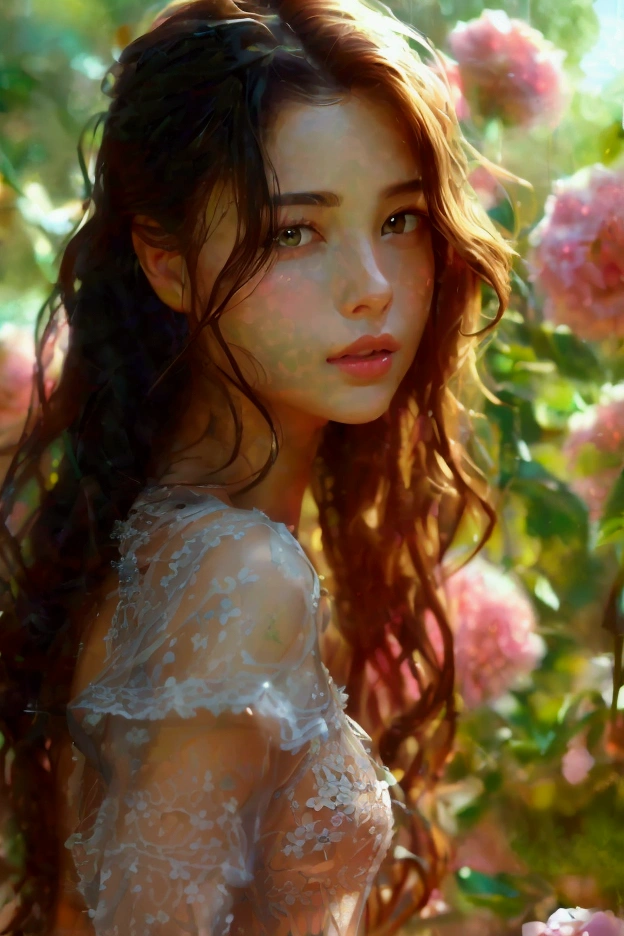 A beautiful young woman in a see-through lace swimsuit, detailed facial features, long wavy hair, elegant pose, outdoor garden setting with flowers, soft natural lighting, pastel color palette, cinematic composition, photorealistic, masterpiece, 8k, highly detailed