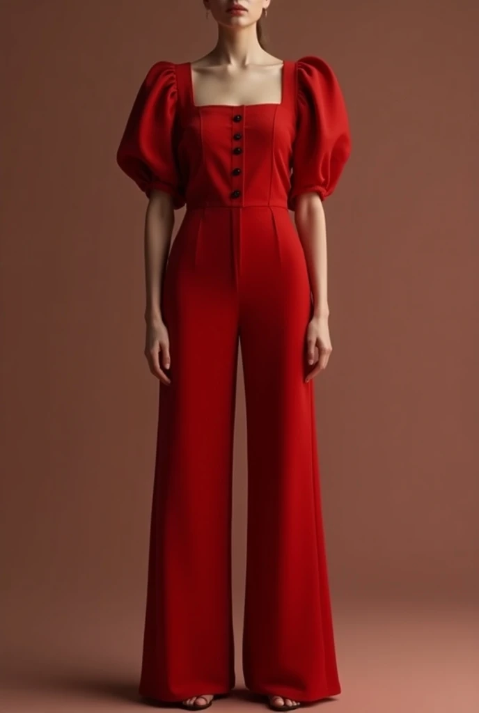 A full-body image of a young woman standing, wearing a stylish red jumpsuit with short puffed sleeves and a tied belt at the waist. The outfit has a fitted top and wide-leg pants. She has blonde hair styled in loose waves, vibrant red lips, and a confident expression. The background should be simple and white, highlighting the woman's elegant appearance and the striking red color of the jumpsuit.