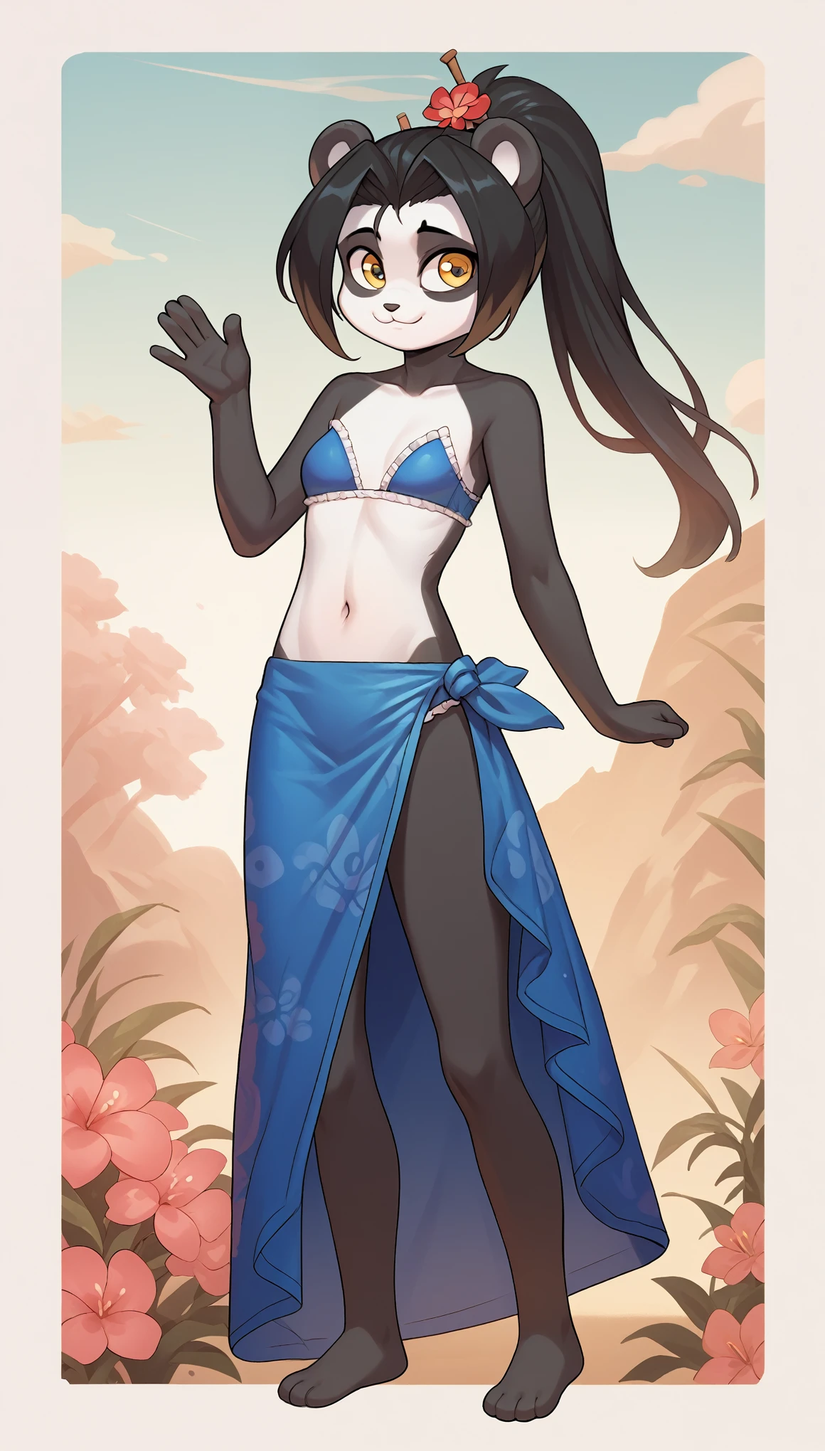 furry girl, young, panda, black hair, long ponytail, anime style, small breasts, yellow eyes, ((blue bikini, flower hairpin, blue sarong)), high quality, detailed body, detailed eyes, detailed face, masterpiece, glistening body, detailed body fur, best quality, two tone body fur, black body fur, white body fur, :3, black panda eyeshadows, panda ears, skinny, anthro, pandaren, twirling hair, hand up, full body, score 9, score 8 up, score 7 up, score 6 up, score 5 up, score 4 up, BREAK, small breasts, short body, ((red frilly strapless bundeau bikini)), standing, beach, clear sky,
