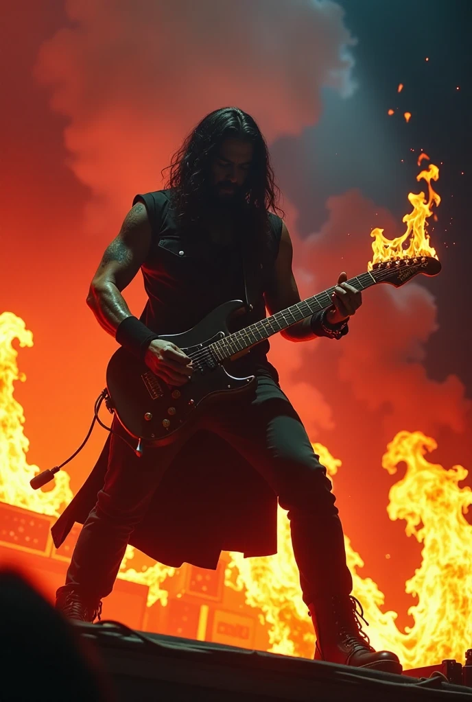  On a stage surrounded by flames  ，  demon musicians play desperately burning guitars  ，  surrounded by a group of Devil band members who are also surrounded by flames， their performances shake hell  ，  smoke and fire are interlaced to create a shocking picture  。