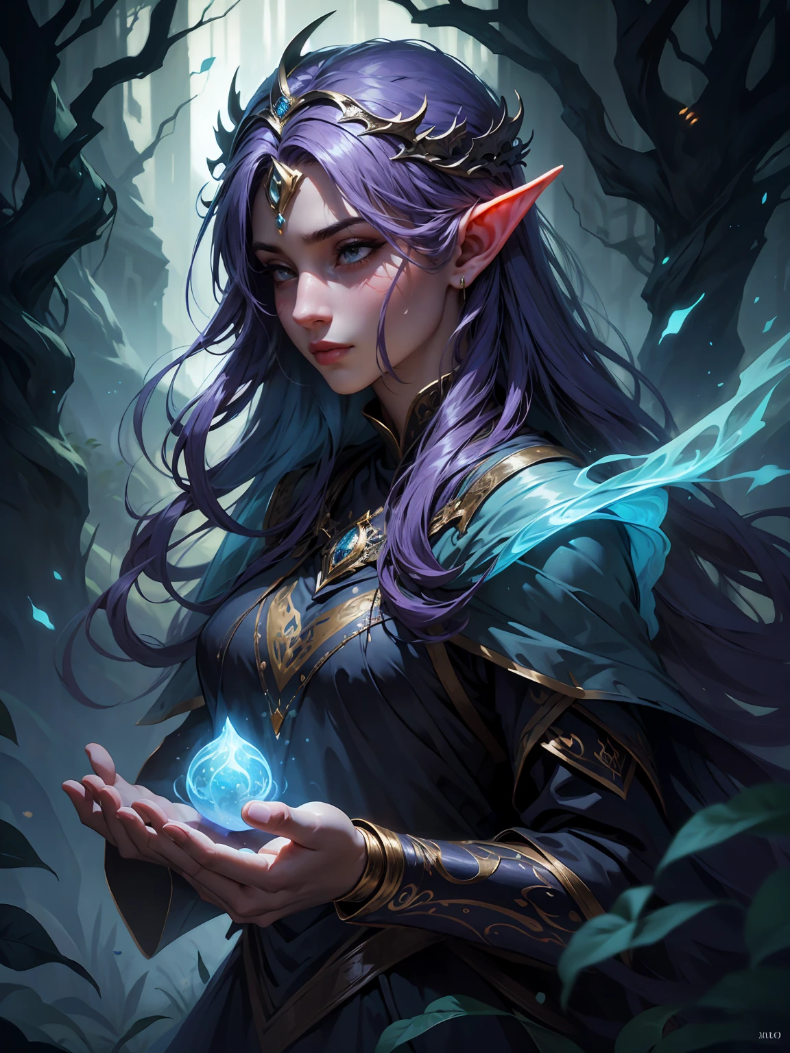 (best quality,4k,8k,highres,masterpiece:1.2),ultra-detailed,(realistic,photorealistic,photo-realistic:1.37),nightelf,glowing eyes,colored skin,facial mark,mature female,ethereal,dark elegance,divine beauty,enchanted forest,mysterious atmosphere,moonlit scenery,elven grace,majestic presence,twinkling stars,dappled moonlight,silky flowing hair,elaborate headdress,dynamic pose,graceful movement,symbol of magic,mystical energy,luminous intensity,harmonious colors,subtle shades of blue and purple,soft ambient light,atmospheric haze,dreamlike ambiance,sublime tranquility,magical creature,drawing inspiration from nature,whispers of the night,quiet serenity,otherworldly being,celestial presence,fantasy art aesthetics,elven heritage,envoking a sense of wonder,melancholic beauty,distant gaze,serene expression,elusive and evocative,mysterious enchantress,natural affinity with nature