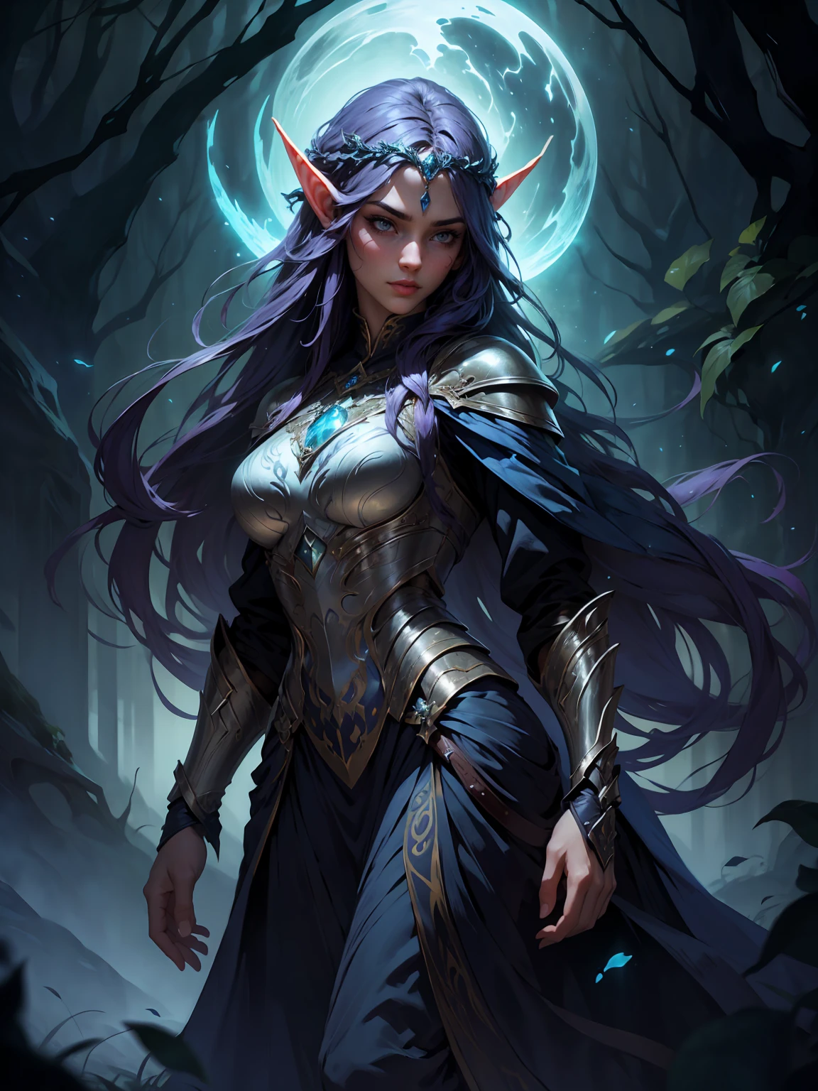 (best quality,4k,8k,highres,masterpiece:1.2),ultra-detailed,(realistic,photorealistic,photo-realistic:1.37),nightelf,glowing eyes,colored skin,facial mark,mature female,ethereal,dark elegance,divine beauty,enchanted forest,mysterious atmosphere,moonlit scenery,elven grace,majestic presence,twinkling stars,dappled moonlight,silky flowing hair,elaborate headdress,dynamic pose,graceful movement,symbol of magic,mystical energy,luminous intensity,harmonious colors,subtle shades of blue and purple,soft ambient light,atmospheric haze,dreamlike ambiance,sublime tranquility,magical creature,drawing inspiration from nature,whispers of the night,quiet serenity,otherworldly being,celestial presence,fantasy art aesthetics,elven heritage,envoking a sense of wonder,melancholic beauty,distant gaze,serene expression,elusive and evocative,mysterious enchantress,natural affinity with nature