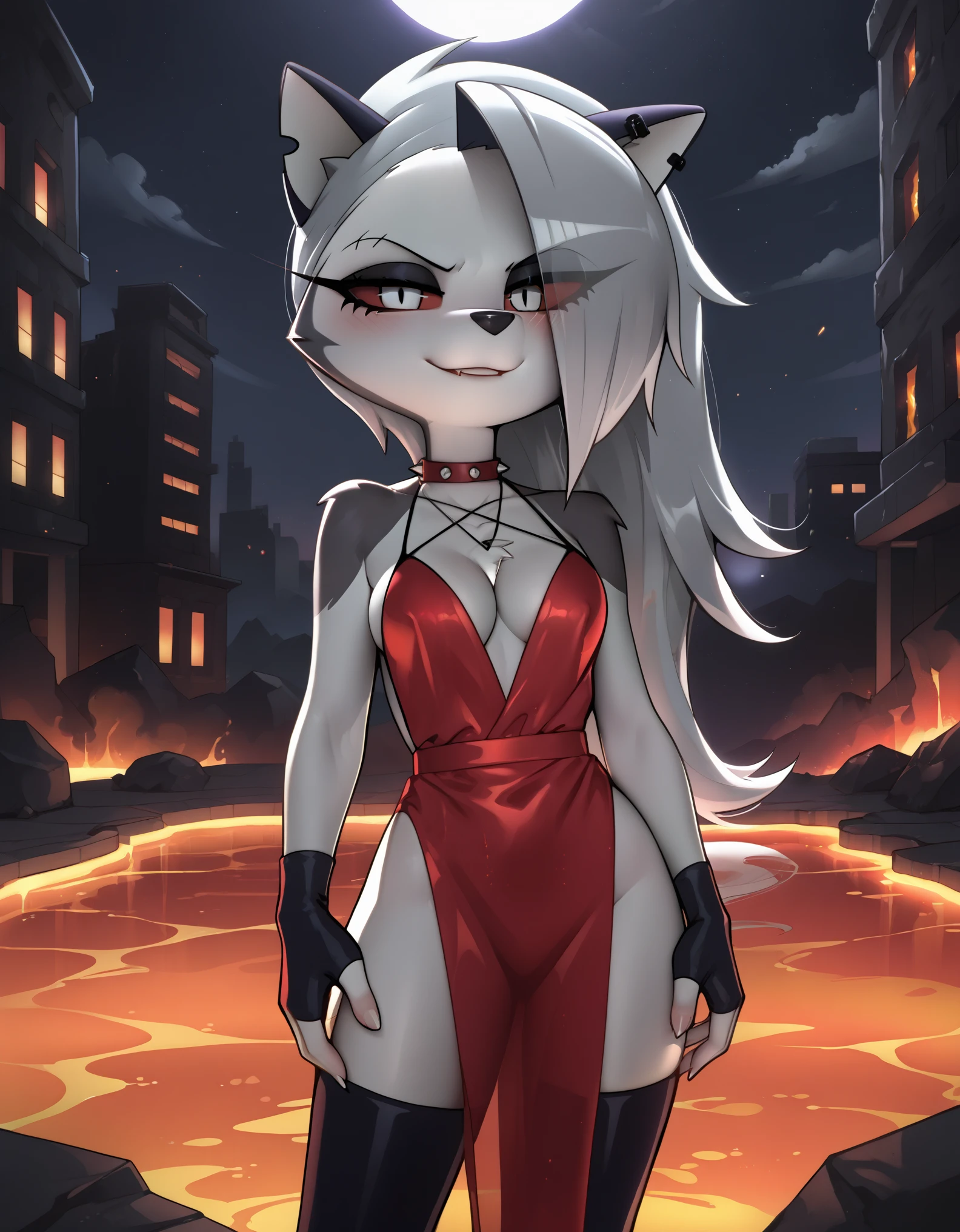 score_9_up, score_8_up, score_7_up, rating_explicit, furry, anthro, solo, loona(jizokumode), hellhound, red sclera, white eyes, female, fur, grey hair, hair, white body, white fur,, source_anime, (1girl, solo), uncensored, perfect body, slim, thigh highs, fingerless gloves, anthro, furry, pose, cleavage, blush, evil smirk, hell, lava, buildings in background, full moon, sexy pose, sexy red gown Loona \(Helluva Boss\), 