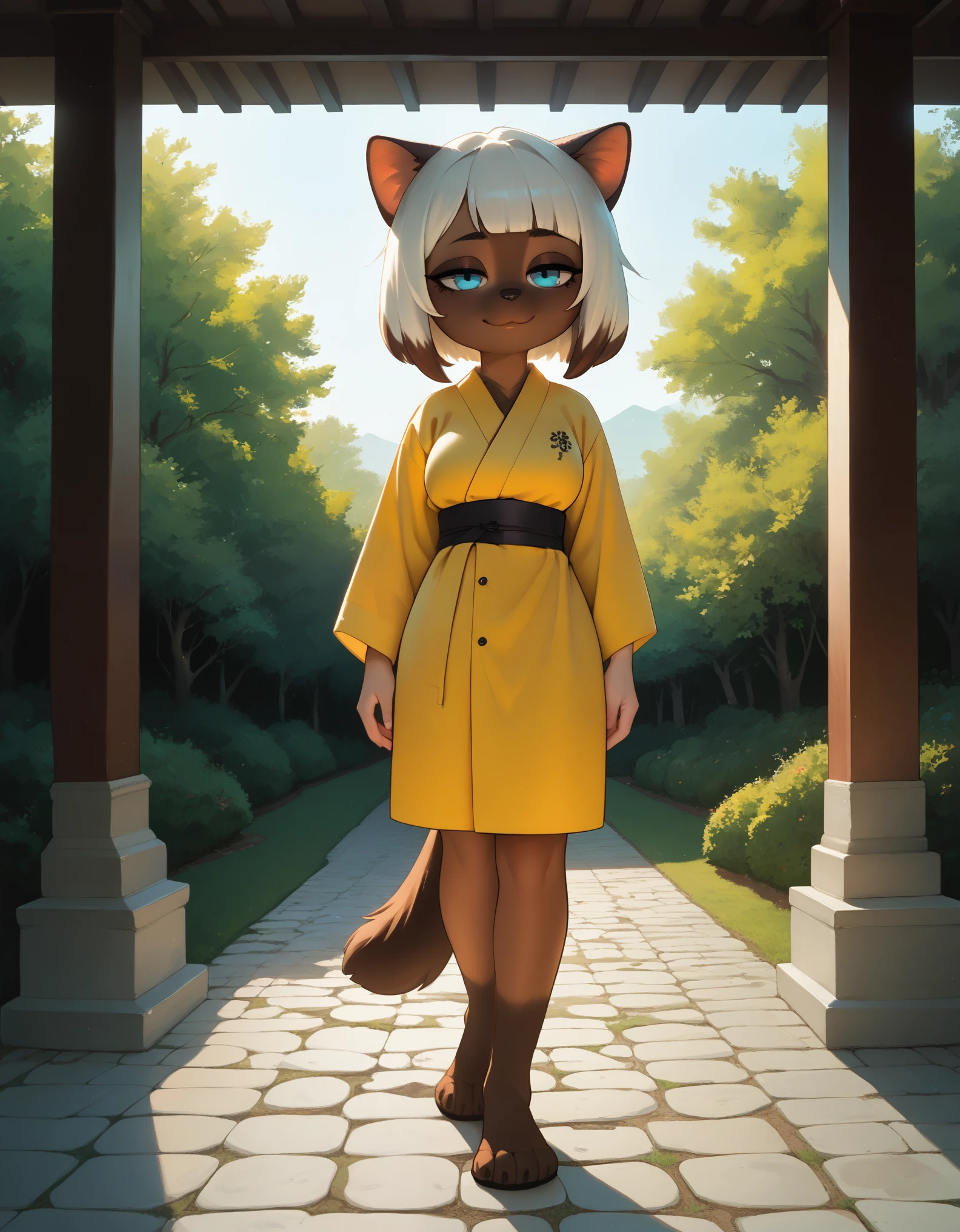 Half-closed eyes, tired expression, seductive expression, 1girl, anthro, furry, fur, fluffy fur, siamese cat, cat girl, japanese temple, white hair (brown highlights), blue eyes, short hair, full body, (19 years), big breast, thicc thighs, solo, half-closed eyes, detailed, yellow kimono, depressed, sad smile, walking, (jizoku), score_9, score_8_up, score_7_up, score_6_up, score_5_up, score_4_up