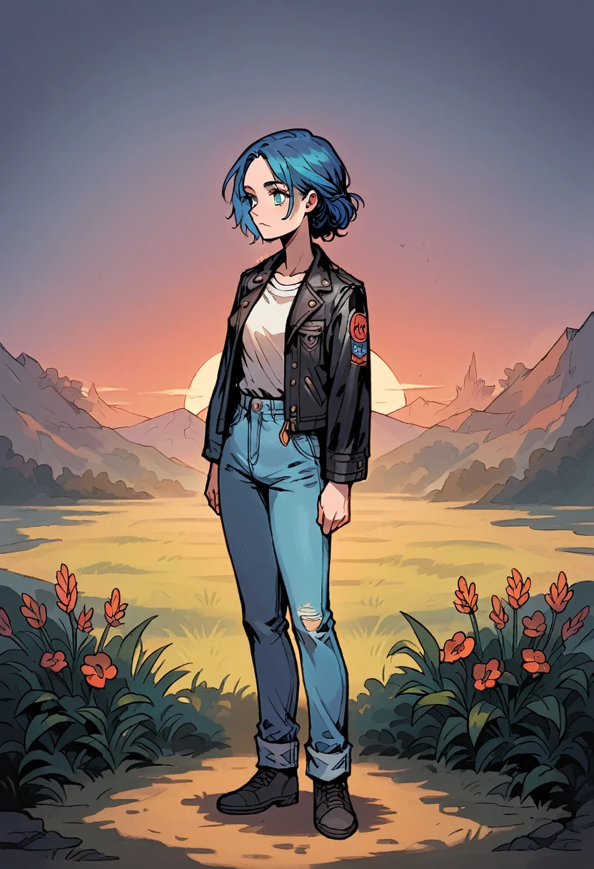 Create an image of a female character in profile in full body. She has long, wavy dark blue hair, wearing a black leather jacket and blue jeans. The setting is an open field at sunset, with wildflowers and a gentle breeze. The atmosphere should be calm and contemplative.