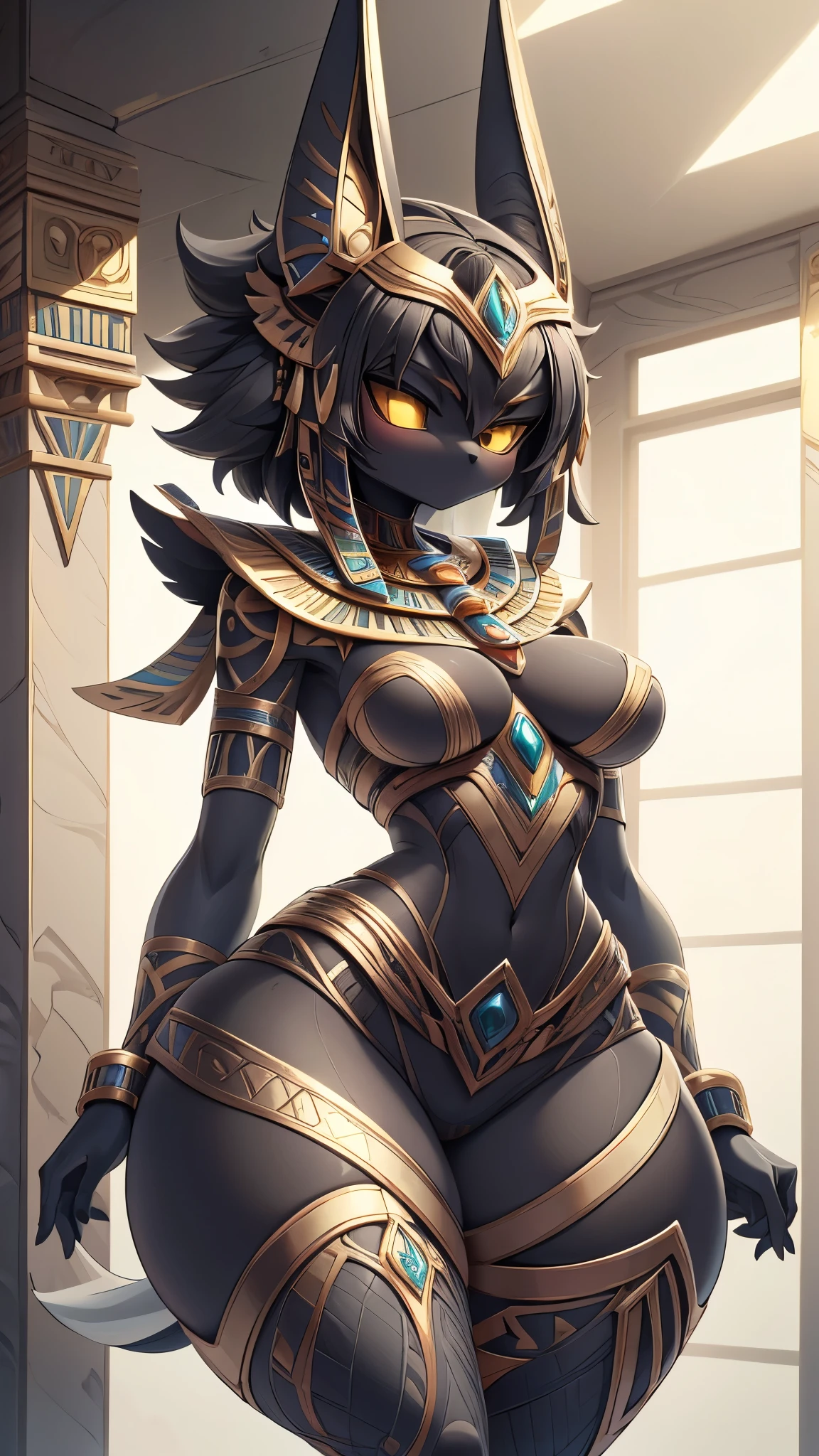 Anubis，Anubis，Black Dog Girl ，Dog Girl， Black Dog Ears ，Furry，Fluffy，Fluffy，Body hair，Black hair， Egyptian Style Costume ，Egyptian clothing，Thin waist and wide hips，Fleshy thighs，Body hair，Fleshy thighs，Thick thighs，埃及风格Black Dog Girl ，Black hair，Dark Skin，全身Black hair，全身Black hair，A look of contempt ，arrogant