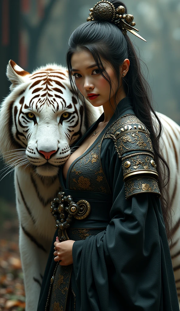 Sensual mujer bigboods Japanese Samurai lights, shadows,  intricate dragon scale armor, with a white tiger ,  artistic style El Greco Luis Royo 