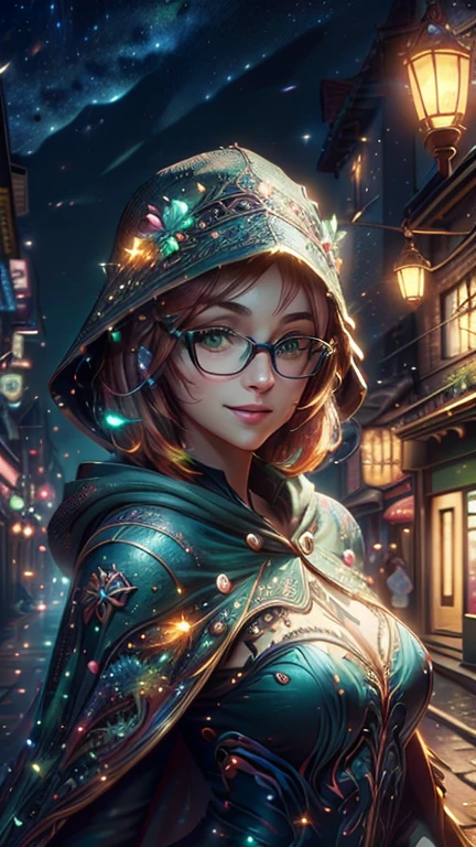  close-up, upper , Body part. Short, red hair, (green eyes:1.5),  metal frame glasses , pointed hat, green cloak, smiling girl  . (masterpiece,  top quality,  Best quality,  official art,  beautiful and aesthetic :1.2),  Extremely detailed ,( fractal art:1.2),Colorful,The most detailed, ( dynamic pose), ( night street background :1.5), (Lots of lights :1.4). ((SPLIT. photorealism.  unreal engine .  Ultra high quality textures.  high detail .  8k resolution))