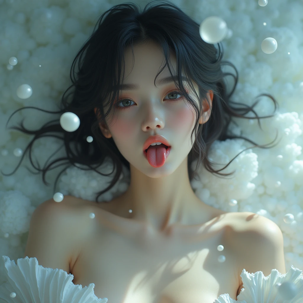 Shackles, BDSM, slave, rubber, black corset, bondage, collar, nsfw, ((highest quality, 8k, masterpiece: 1.3)), wide open mouth, milk spilling out of mouth, clear focus, beautiful woman with perfect figure, big breasts, big, slender, wet body, very detailed face and skin texture, detailed eyes, double eyelids, all fours, (Close eyes)))(Open mouth) )), ((((white liquid dripping from the mouth))))), (((sticks between the breasts))) (((drooling)))),