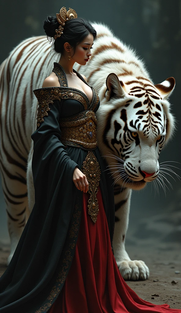 Sensual mujer bigboods Japanese Geisha, dark lights, shadows,  intricate dragon scale armor, next to a roaring white tiger, El Greco art style  