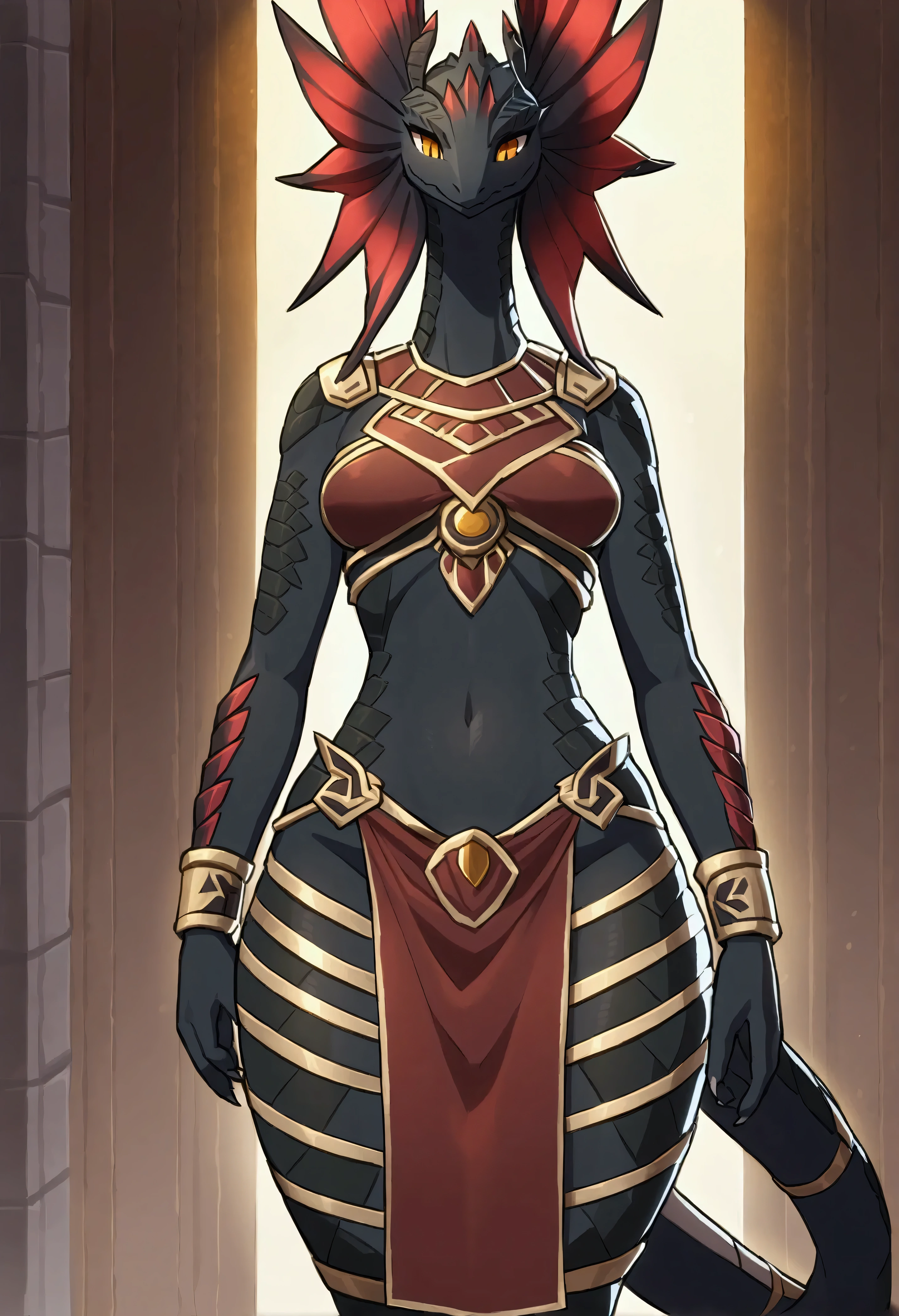 (top quality, best quality, Yamame513, High-quality illustrations, masterpiece, perfect artwork, cinematic light and shading, 16k, 1080p, uploaded on e621)(kemono, furry, anthro, alone), 1 tall female, (very detailed body, face, tail, arms, hands, legs, hair and eyes), lizard, (Divinity: Original Sin 2), scale body, lizard body, black body, wide hips, lizard hair, lizard tail, perfect eyes, lizard eyes, amber eyes, beautiful tribe armor, beautiful loincloth, body movement, body twitching