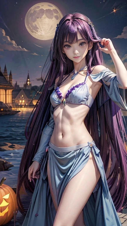 darkness　Different world、very long purple hair 1:5、small face、whole body expression、small breasts、light blue dress（Off-shoulder white bikini armor is visible）The background is a lake on a moonlit night, 
halloween party, jack-o lanthanum, 